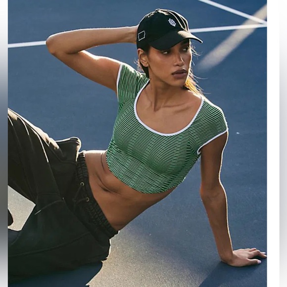 🆕 Free People What's The Scoop Baby Tee in Green/White combo Size: XS - Picture 1 of 5